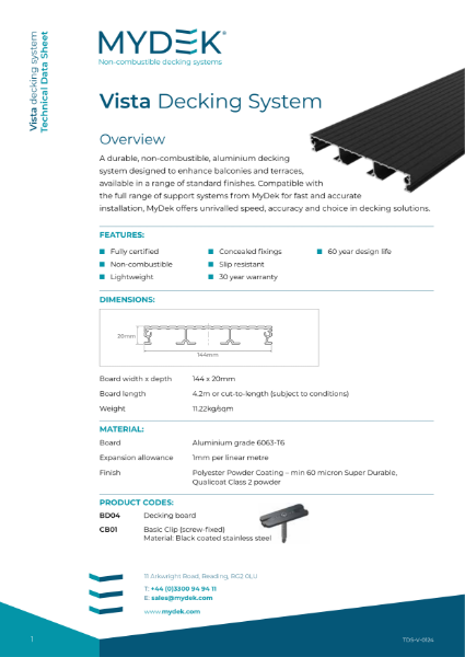 Data Sheet - MyDek Vista Aluminium Non-Combustible Decking