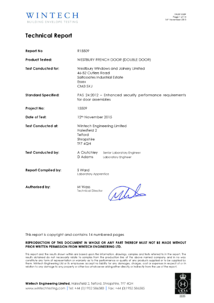 Westbury French Doorset R15509 Technical Report