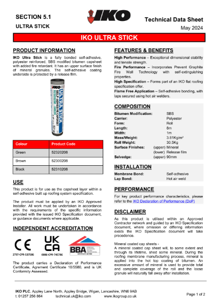 Technical Data Sheet (TDS) - IKO ULTRA Stick Capsheet