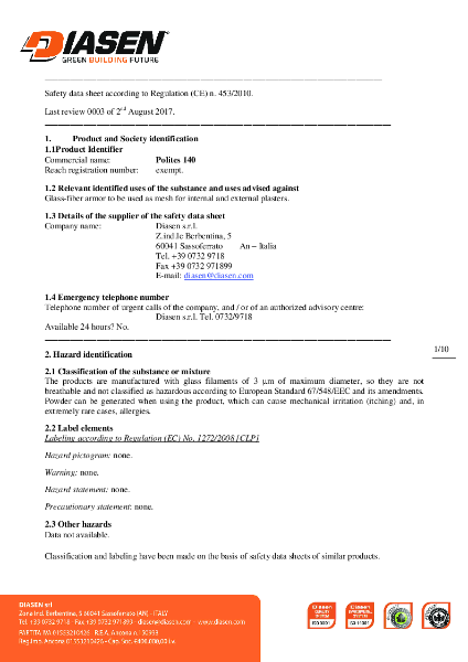 Diasen Polites 140 Material Safety Datasheet