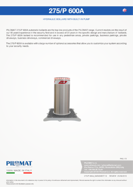 Macs 275/P600 Automatic Bollard Data Sheet