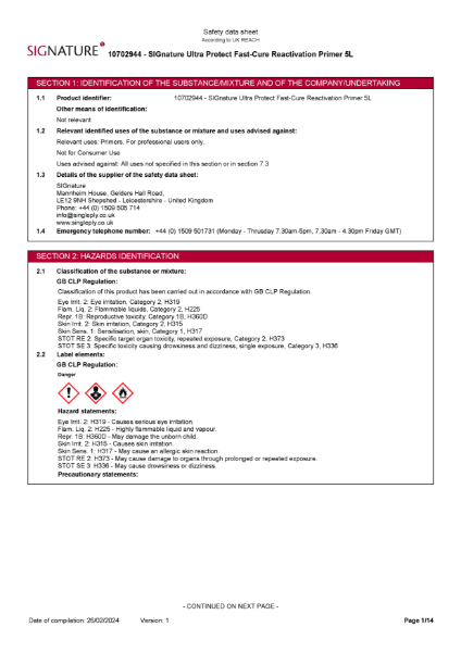 SIGnature Ultra Protect Fast-Cure Reactivation Primer - Safety Data Sheet