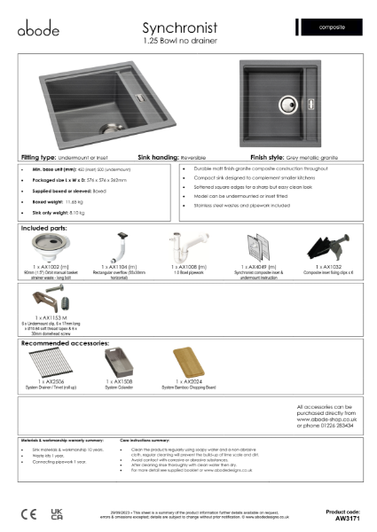 Synchronist Sink Compact. 1.25 Bowl, No Drainer. Metallic Grey. Specification Sheet.