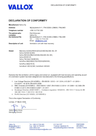 Vallox Ventilation Units - Declaration of Conformity