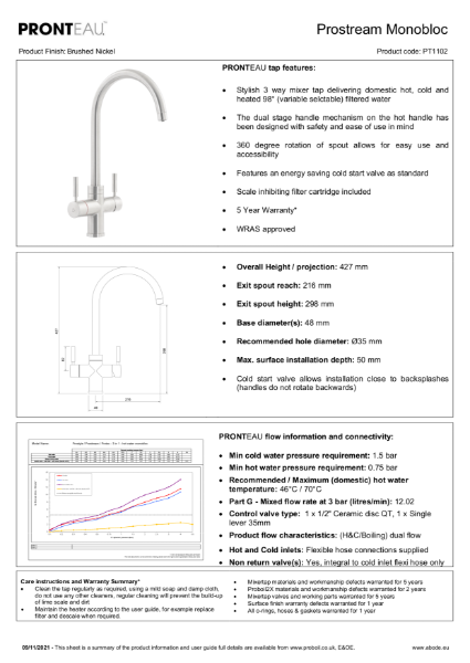 PT1102 Prostream (Brushed Nickel), 3 IN 1 Steaming Hot Water Tap - Consumer Specification