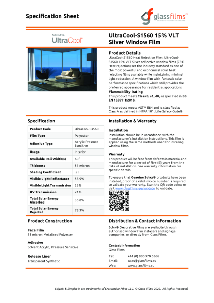 UltraCool-S1560 15% VLT Silver Window Film Specification Sheet