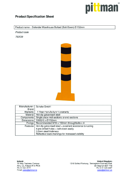 Defender Warehouse Bollard (Surface Mount) Ø 152mm - Data Sheet