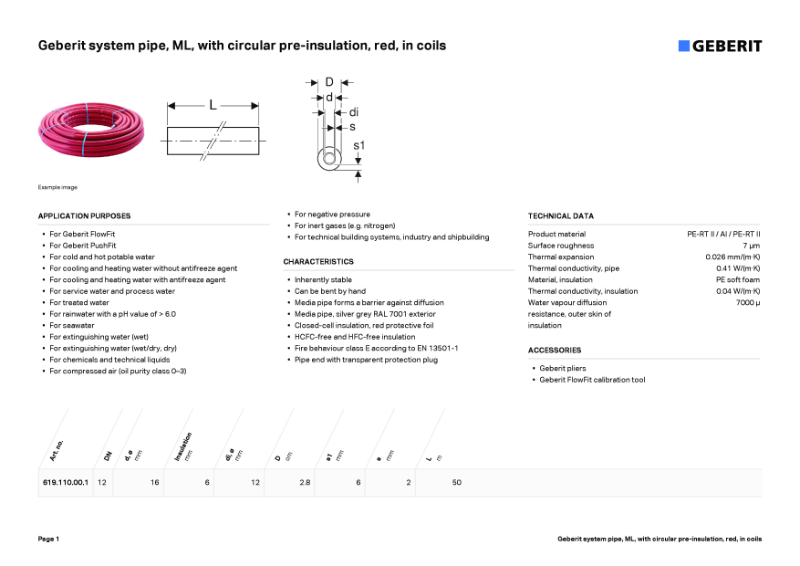 Geberit system pipe, ML, with circular pre-insulation, red, in coils