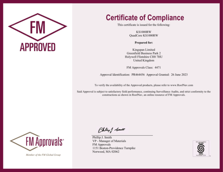 Kingspan Quadcore KS1000RW Roof FM-4471 certificate