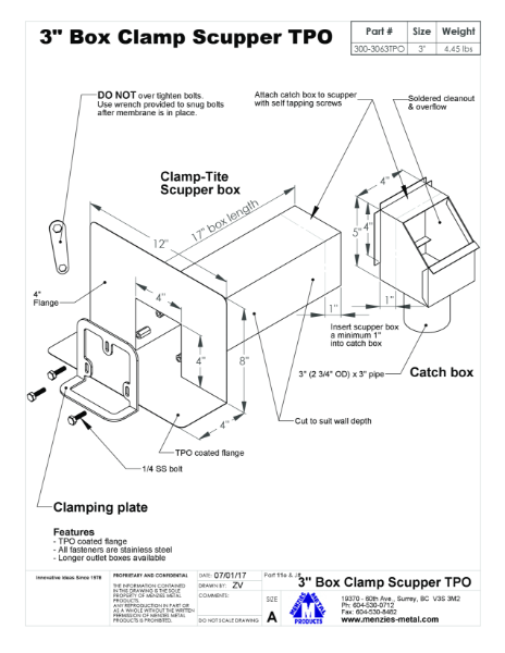 TECHNICAL DRAWING - CLAMP-TITE COPPER BOX SCUPPER - TPO