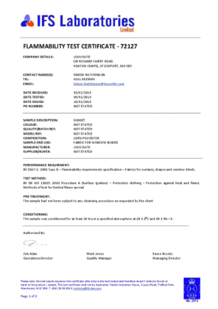 BS 5867-2 Type B Flammability Test Certificate