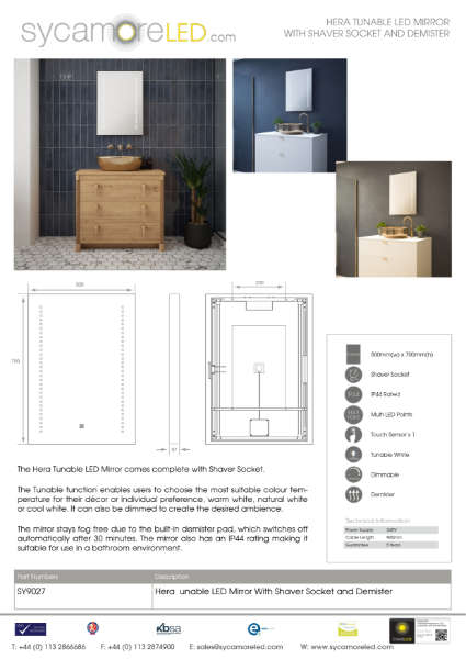 Specification Sheet for Hera Tunable LED Mirror with Shaver Socket & Demister