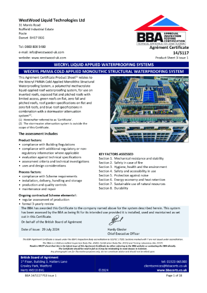 Wecryl 230 Monolithic Structural Waterproofing BBA certification.