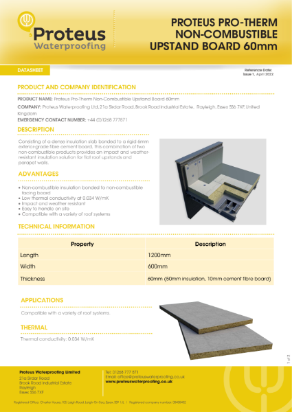 Product Data Sheet - Proteus Pro-Therm Non-Combustible Upstand Board (60mm)