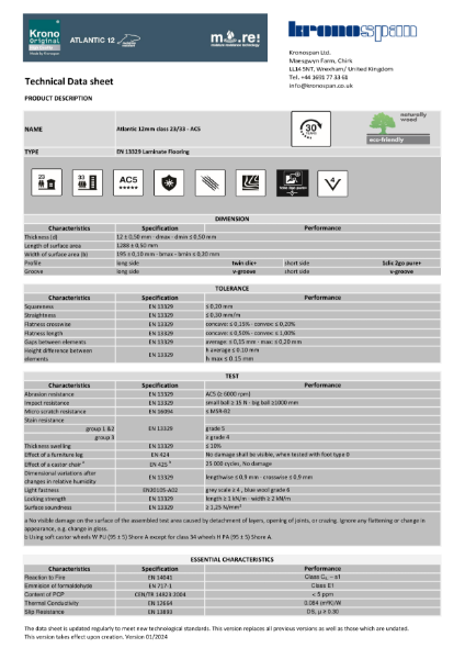 Krono Original 12mm Atlantic Technical Datasheet