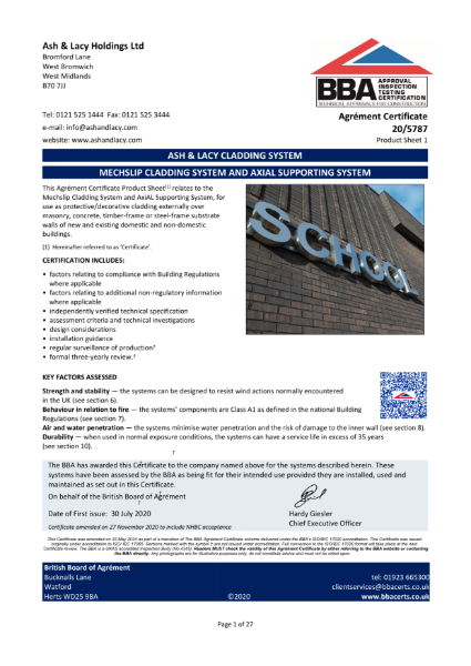 BBA Certificate - Mechslip Brick Cladding