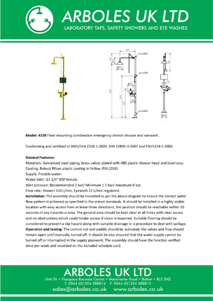 Arboles UK Floor Mounted Emergency Combination Shower & Eyewash