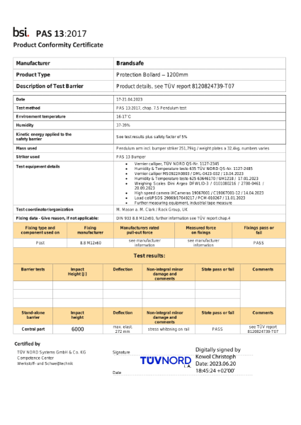 Protection Bollard - PAS 13 Compliance Certificate - TÜV NORD