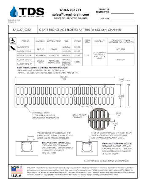 Grate Bronze Age Slotted Pattern for NDS Mini Channel