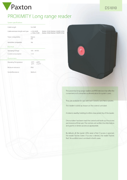 Net2 Long Range Reader - data sheet