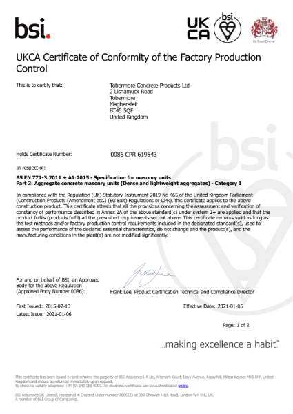 Certificate of Conformity of the Factory Production Control BS EN 771