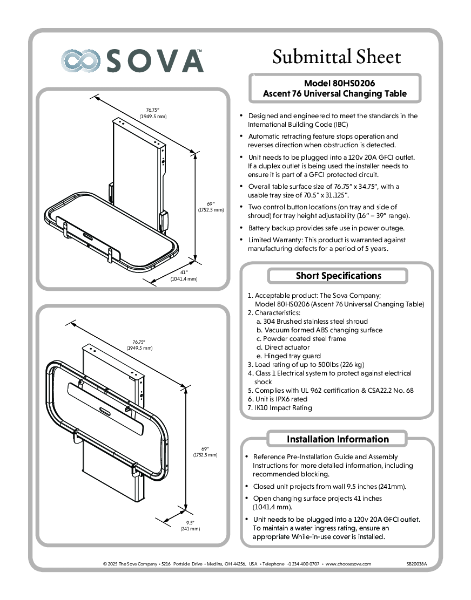 Ascent 76 Universal Changing Table Submittal Sheet