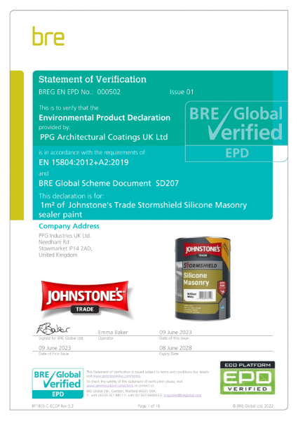Environmental Product Declaration (EPD) BREG EN EPD No: 000502 Johnstone's Trade Stormshield Silicone Masonry