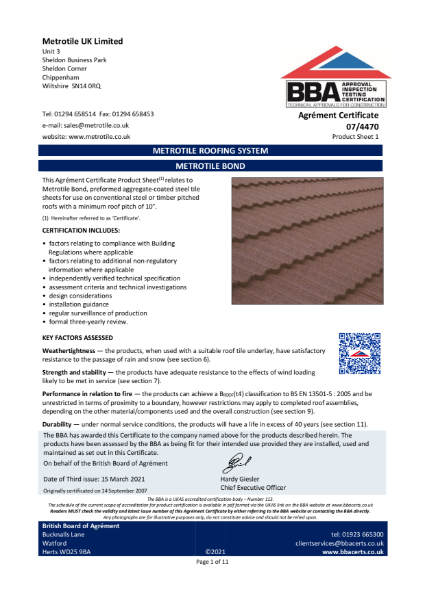 Metrotile Bond BBA Certificate