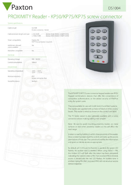 Net2 Proximity Keypad, KP75 - data sheet