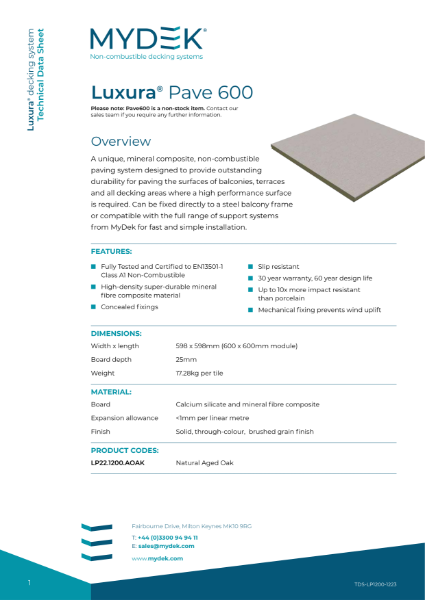 Data Sheet -  Luxura Pave 600 Non-Combustible Mineral Composite Paving