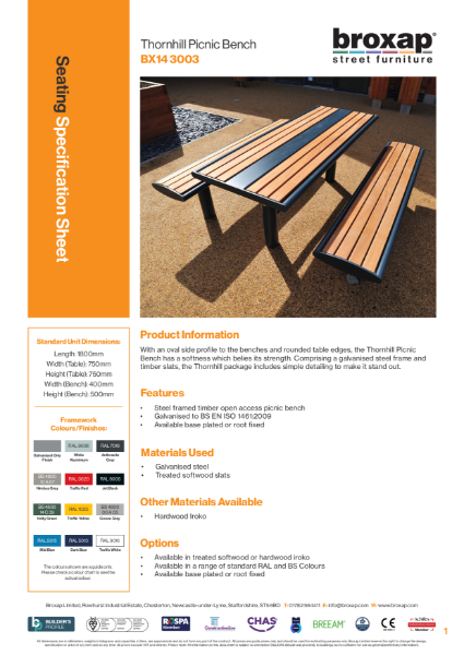Thornhill Picnic Bench Specification Sheet
