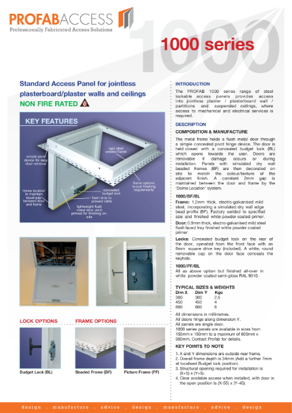 Profab PRIMA 1000 Series Wall Access Panel Non-Fire Rated with Metal Door