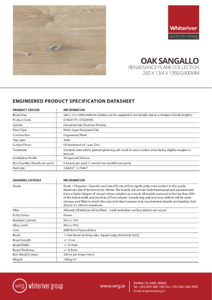 260 x 13 x 1950 & 2400mm Renaissance Oak Sangallo Plank Spec Sheet