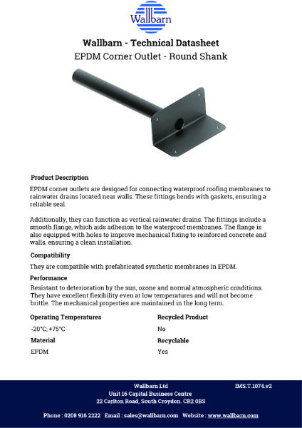 Datasheet - EPDM Corner (Through Wall) Outlet Round Shank