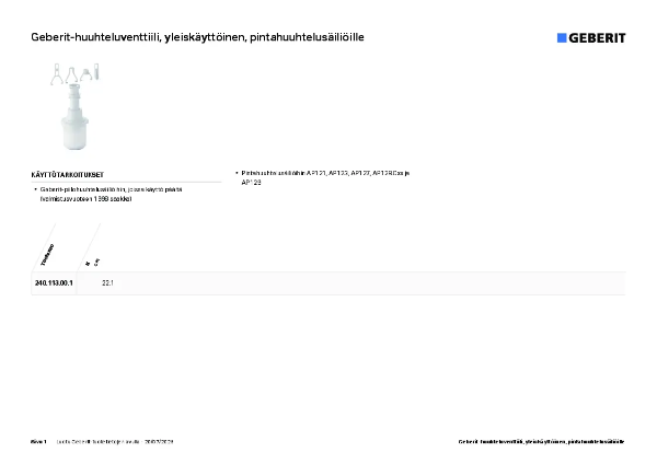 Geberit huuhteluventtiili pintahuuhtelusäiliölle Datablad