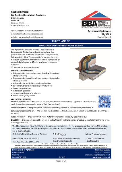 Certificate BBA 02/3905 Eurothane GP Timber Frame Board