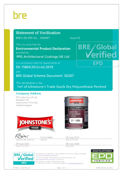 Environmental Product Declaration (EPD) BREG EN EPD No: 000497 Johnstone's Trade Quick Dry Polyurethane Flortred