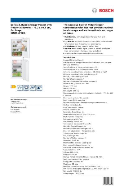 Series 2, Built-in fridge-freezer with
freezer at bottom, 177.2 x 54.1 cm,
flat hinge
KIN85NFE0G