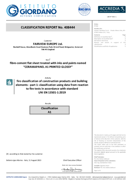 A1 Fire Classification Report - Ceramapanel Gloss