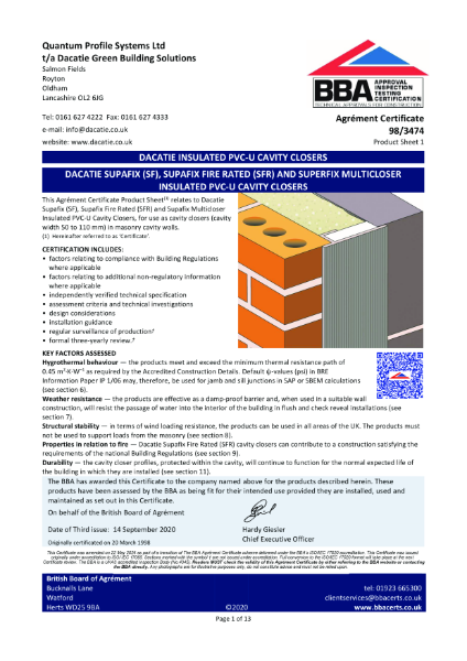 BBA Cert: Dacatie Supafix (SF), Supafix Fire Rated (SFR) and Supafix Multicloser Insulated PVC-U Cavity Closers