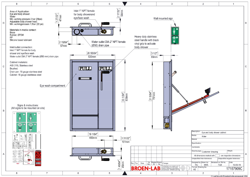 Safety station, recessed cabinet for eye and body shower