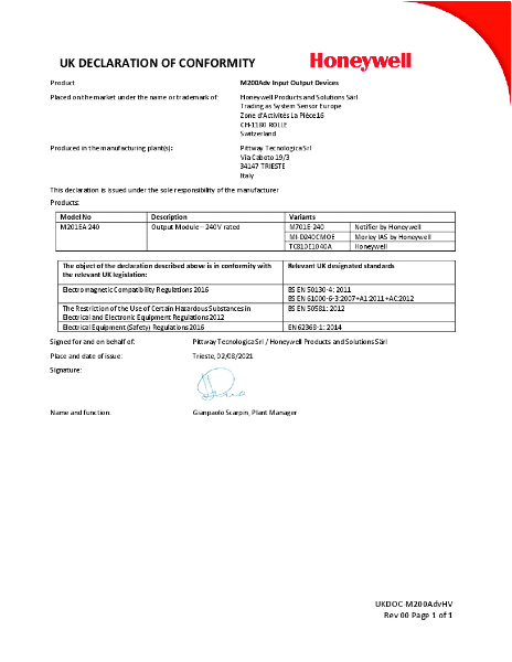 Morley-IAS M201EA-240 MC & ROHS Declaration of Conformity
