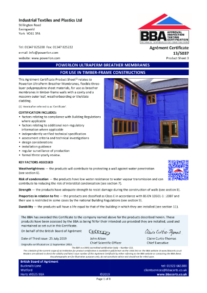 Powerlon® UltraPerm Breather Membranes - For Use In Timber-frame Constructions 