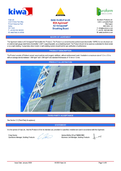 BDA agrement BAW-19-093-P-A-UK A2 Versapanel Sheathing Board rev D dated 2024 11