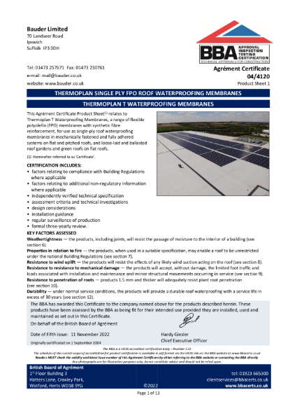 Certification: Thermoplan Membranes 04/4120