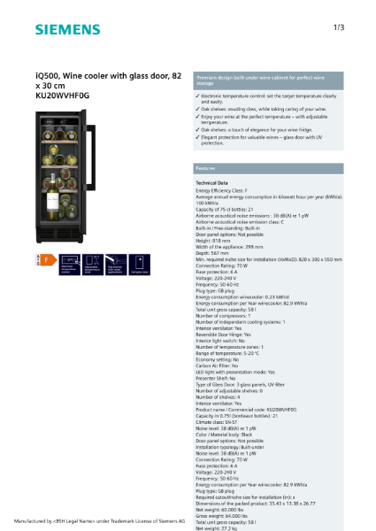 iQ500, Wine cooler with glass door, 82 x 30 cm KU20WVHF0G