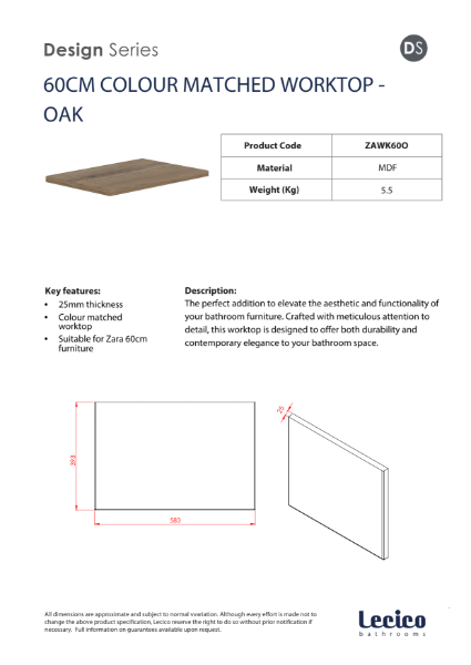 Zara 60 cm Width 18 mm Worktop - Oak