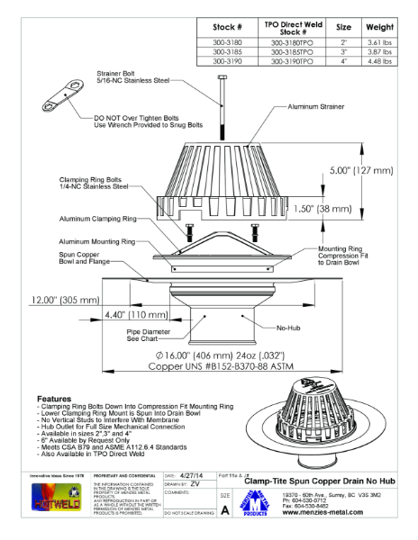 TECHNICAL DATA SHEET - CLAMP-TITE SPUN CU NO HUB DRAIN