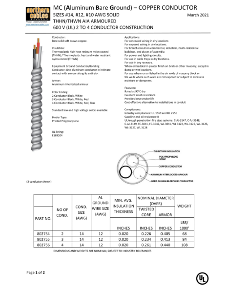 MC Aluminum Bare Ground THHN/THWN Solid Copper Circuit Size 600 Volts