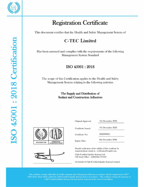 ISO45001:2018 - Health & Safety Management System Certificate
